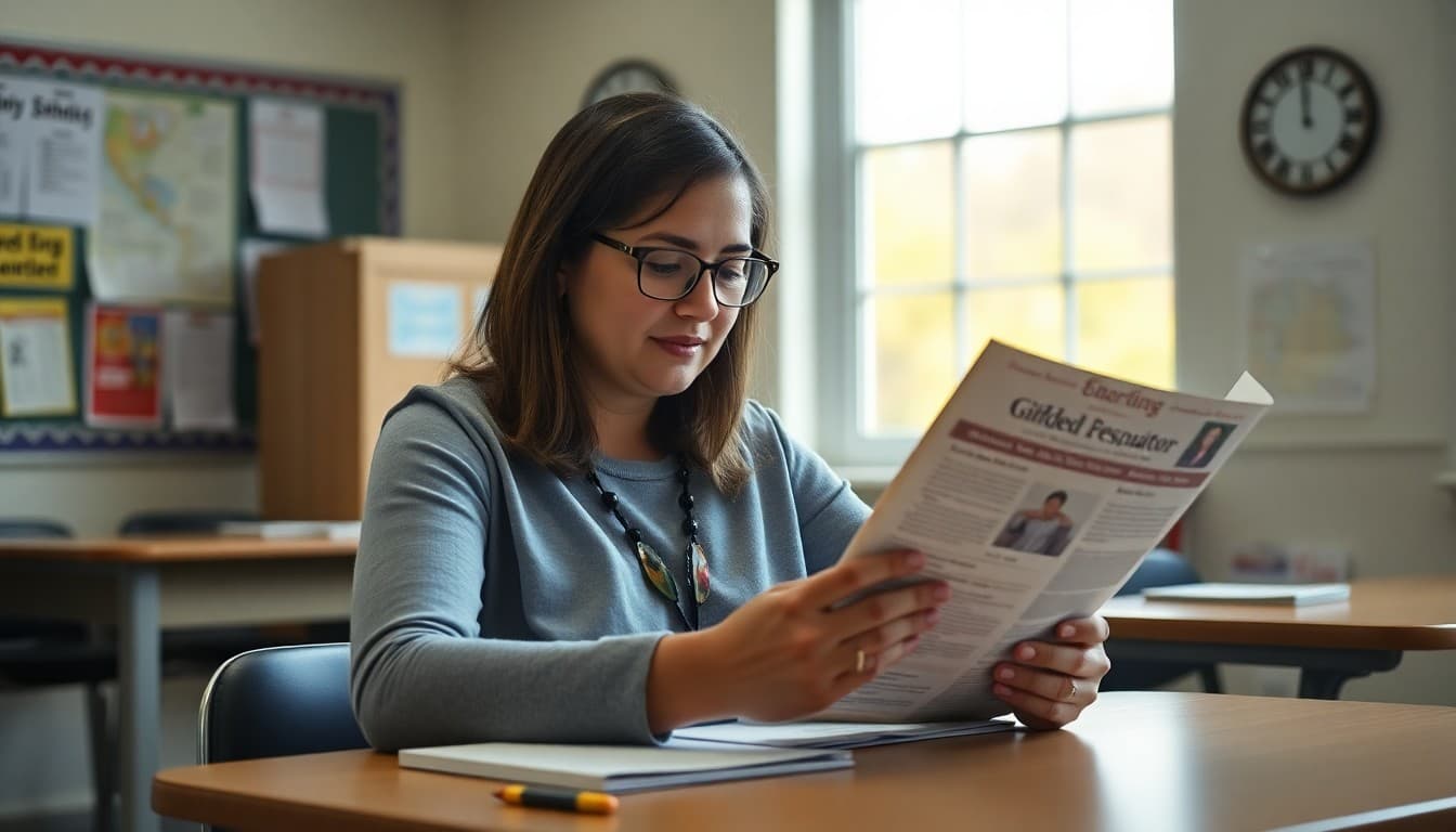 Georgia gifted program coordinator reviewing quarterly newsletter at a school desk in fall