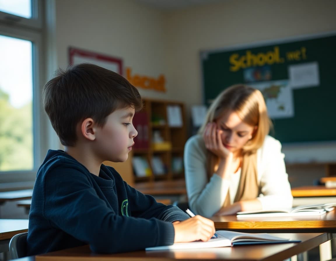 Gifted student working through stress with a supportive teacher in a quiet classroom