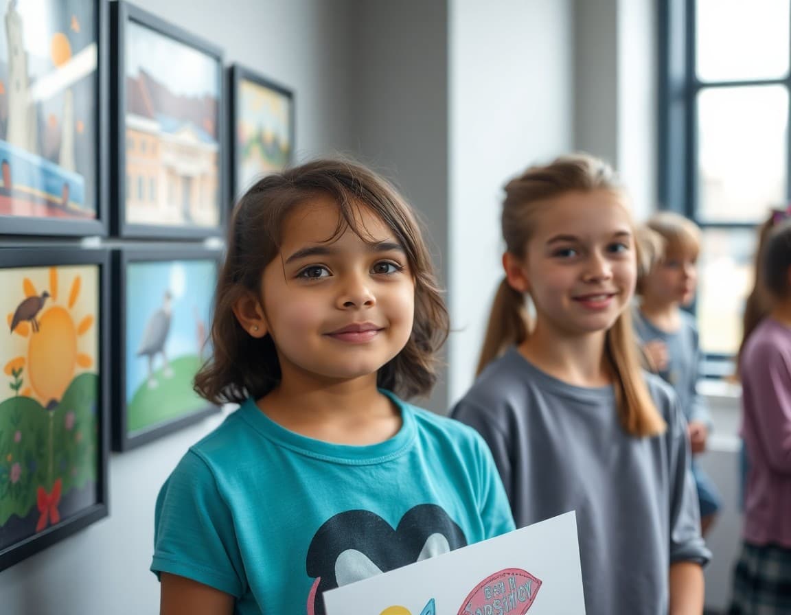 Student artwork displayed at a school art exhibition for gifted young artists