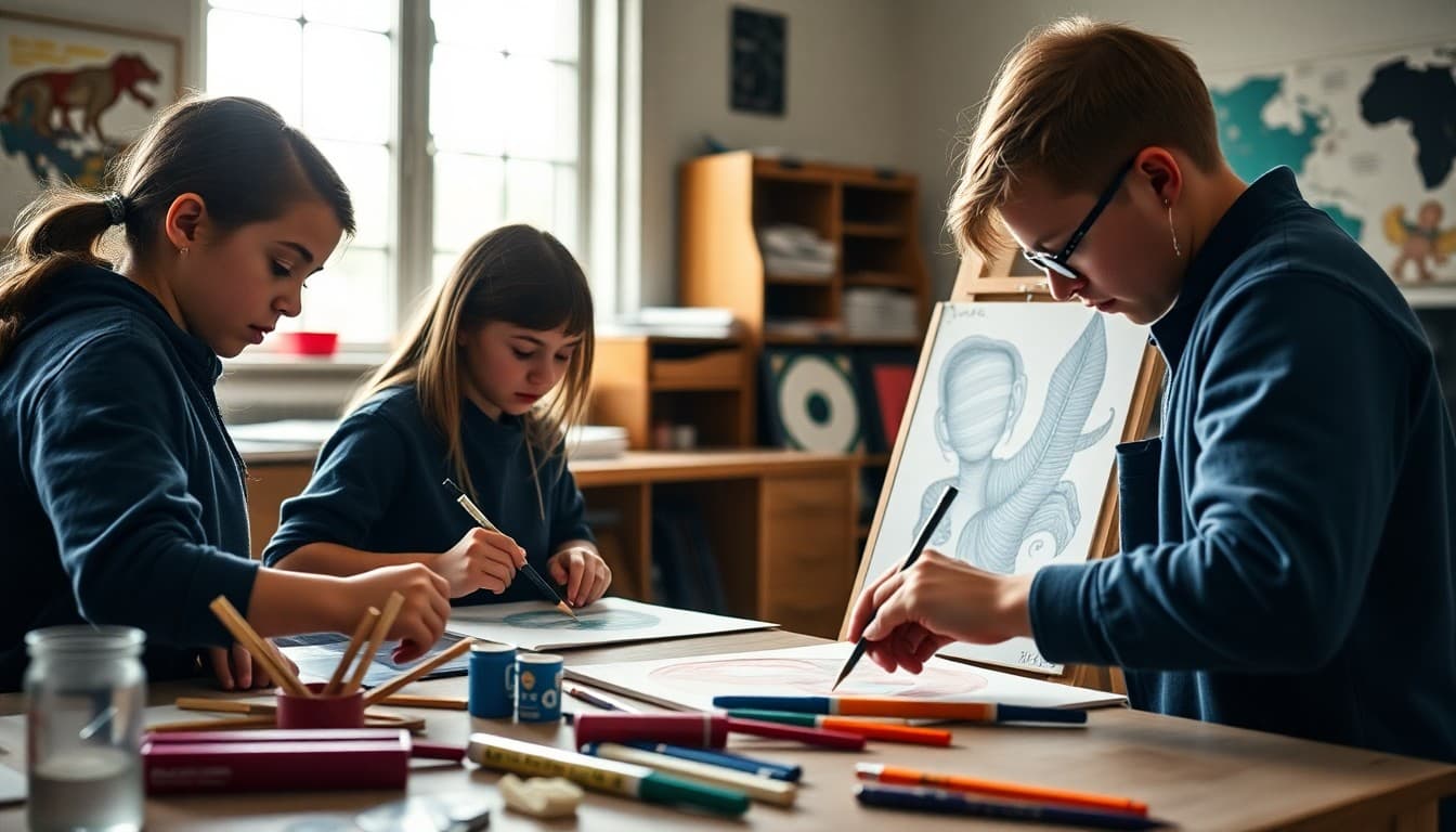 Gifted art students creating advanced artwork in a well-equipped school studio class