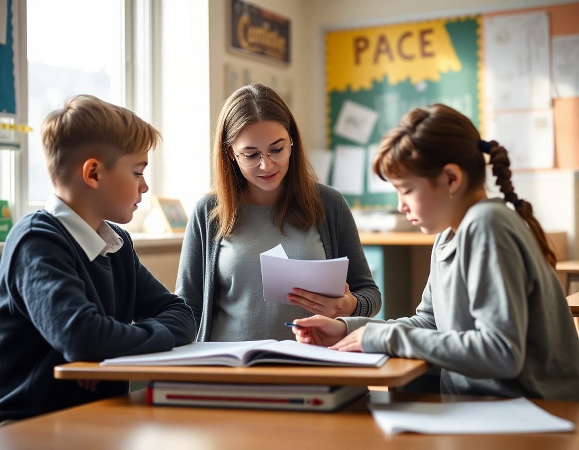 Teacher working with a small group of gifted students on a challenging assignment