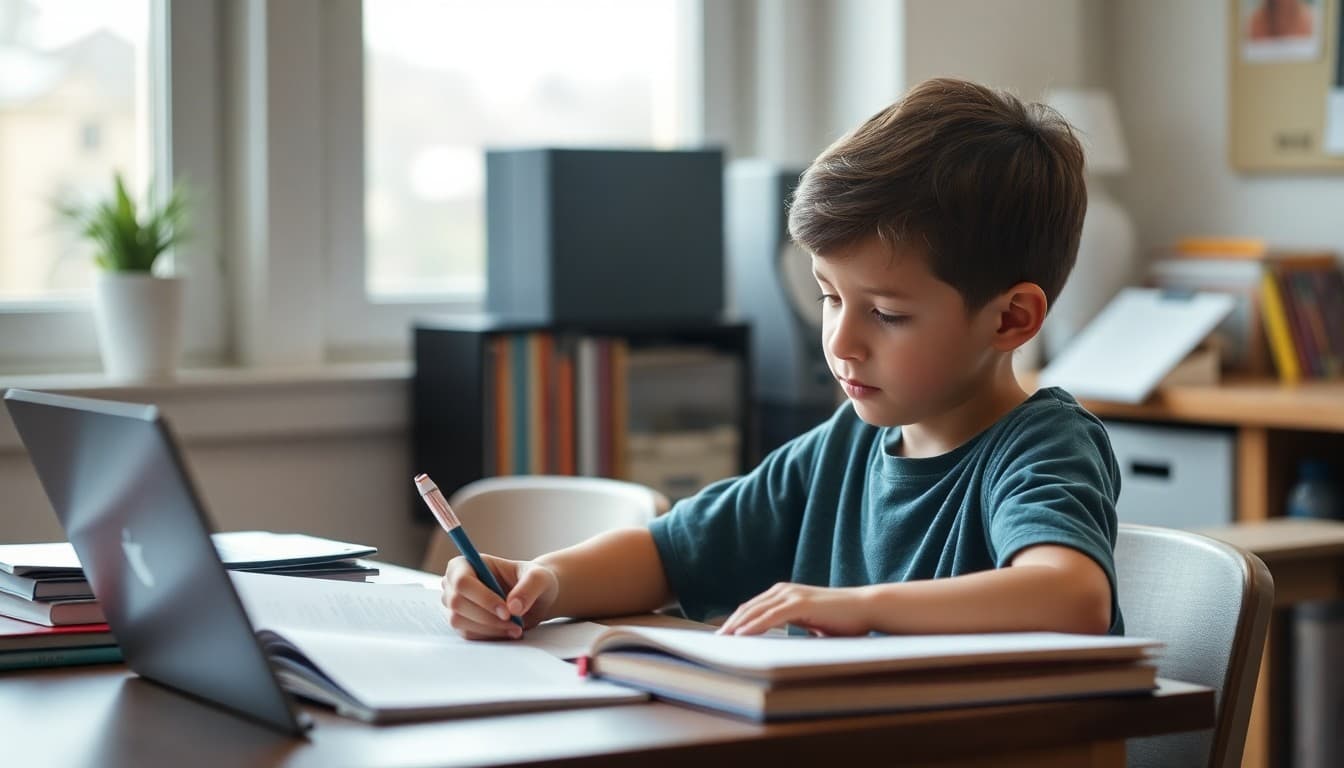 Gifted homeschool student working on advanced curriculum materials at home