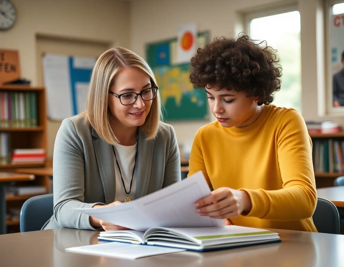 Gifted coordinator and parent reviewing individualized education plan documentation
