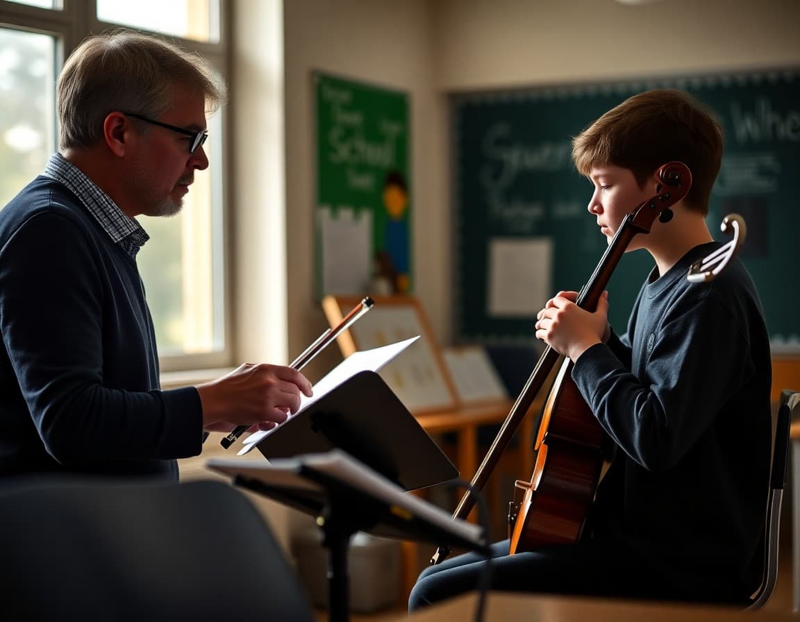 Music teacher giving an advanced lesson to a gifted instrumental student after school