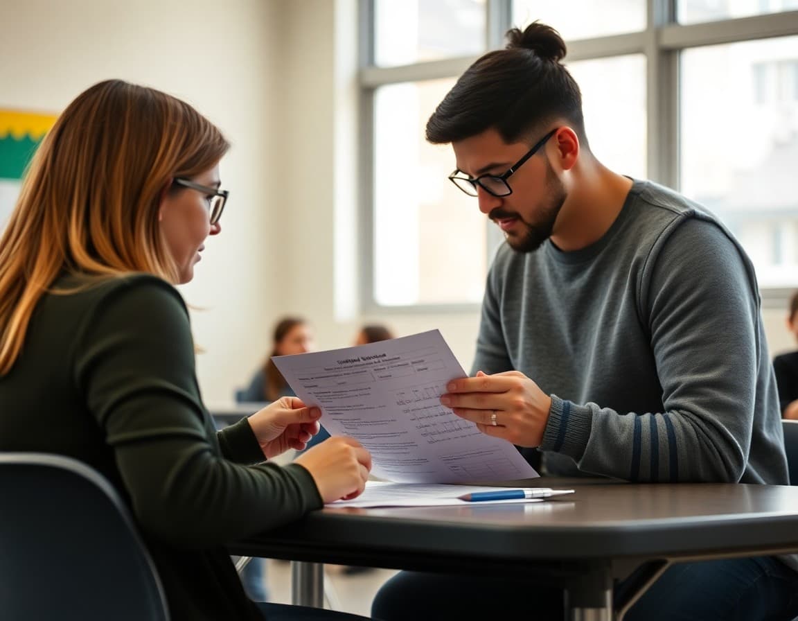 Gifted coordinator reviewing referral paperwork with a parent at a school meeting