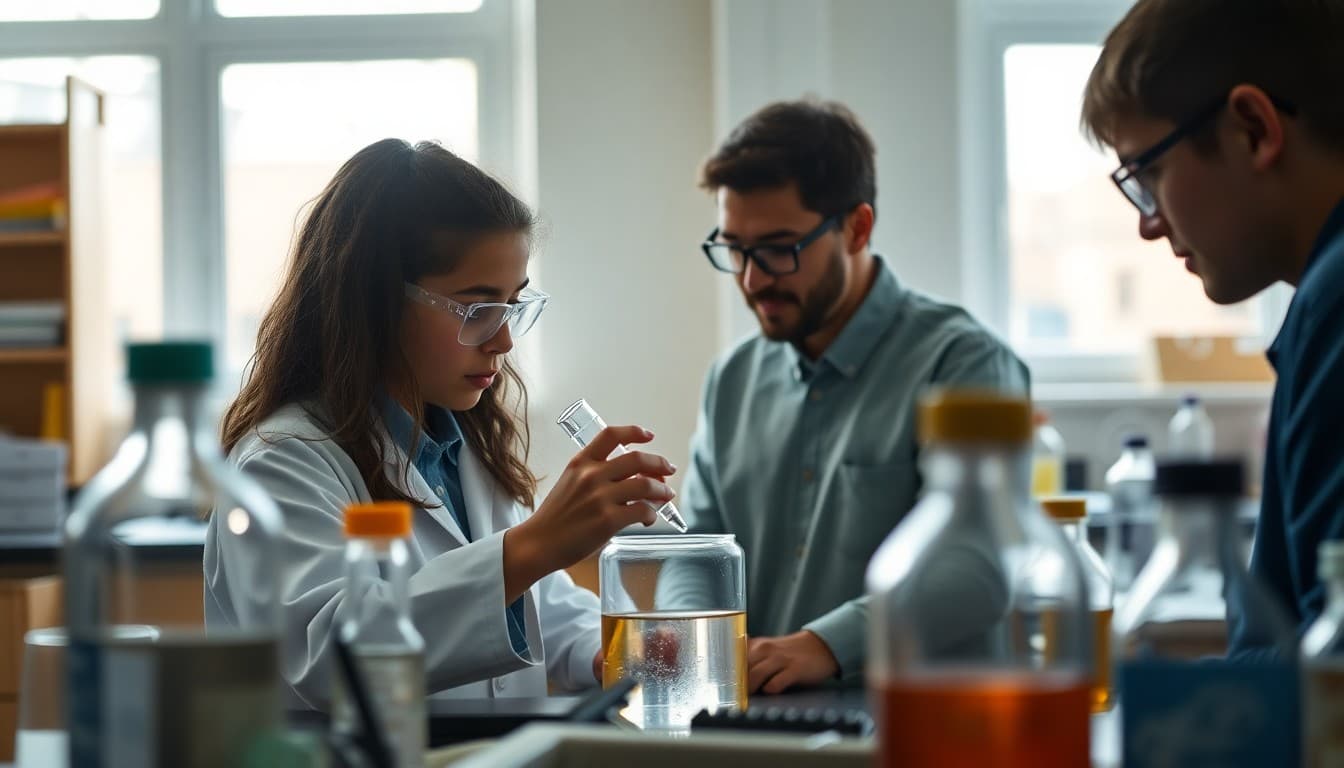 Gifted student conducting original science research with a mentor in a school laboratory