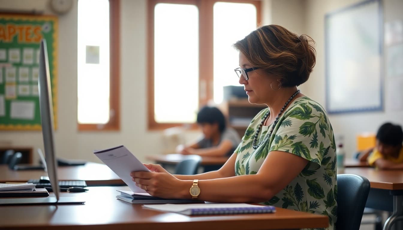 Hawaii gifted program coordinator preparing family newsletter at a school desk with island light