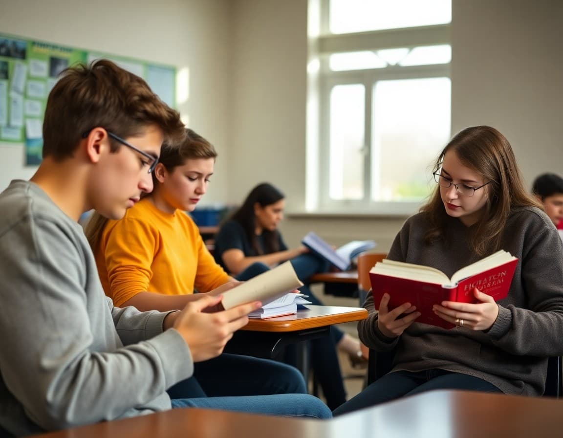 Students reviewing honors course materials and advanced reading assignments in class