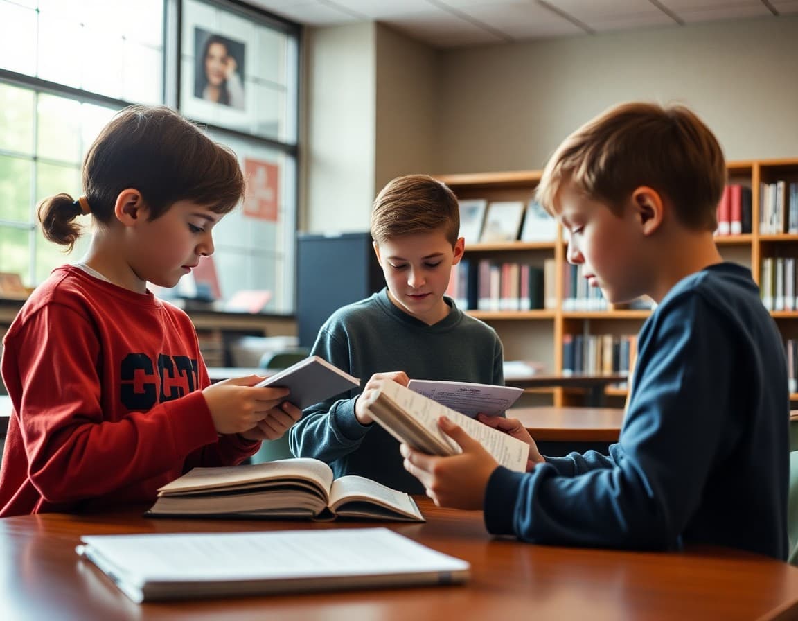 Iowa gifted students working on an independent research project in a school library setting