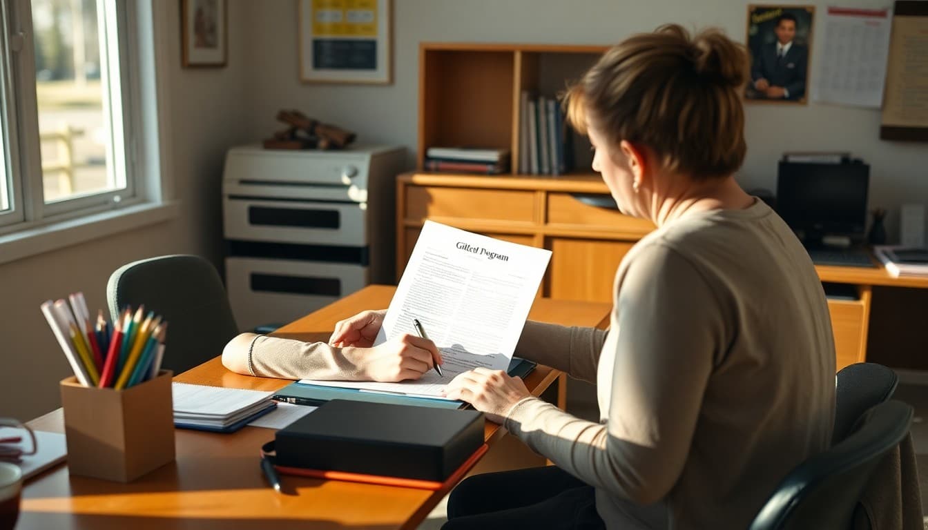 Idaho gifted program coordinator drafting family newsletter at a rural school office desk