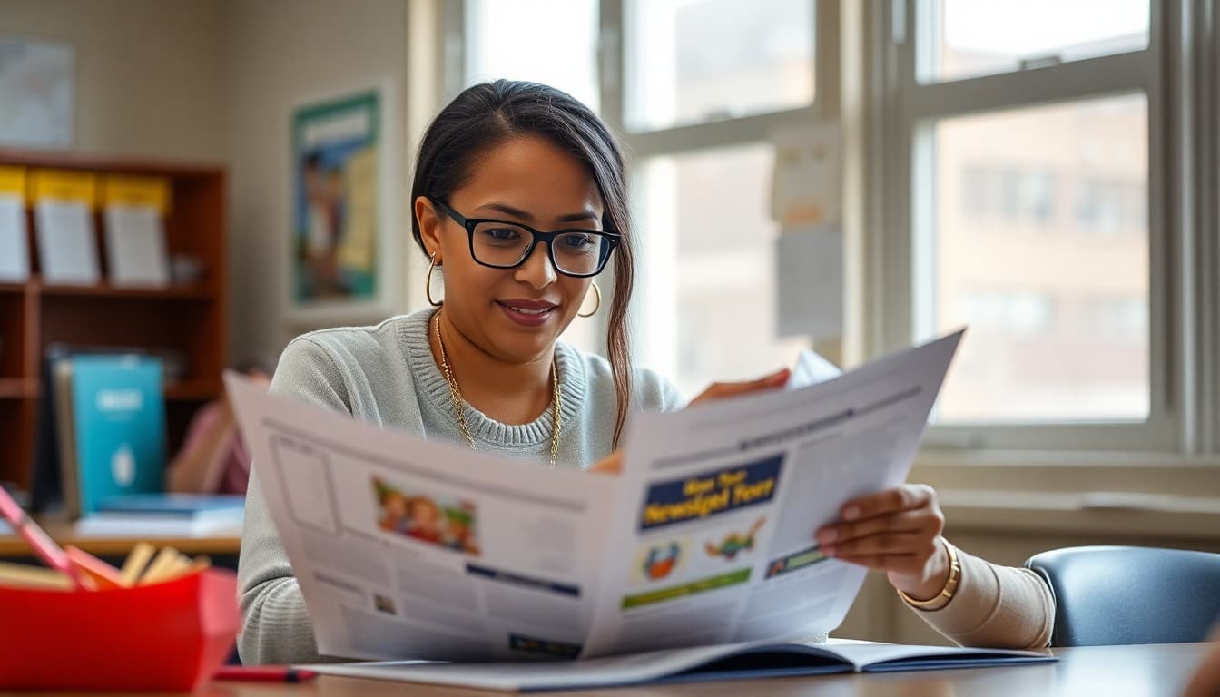 Illinois gifted program coordinator preparing a newsletter at a school in Chicago