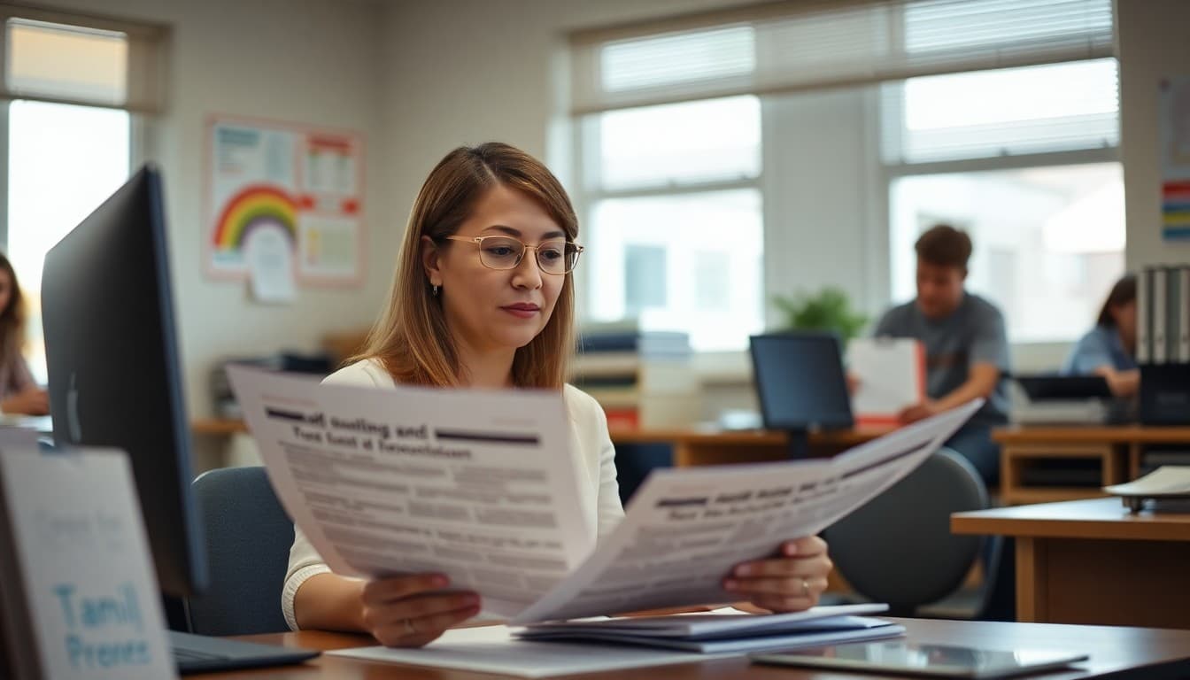 Illinois gifted program coordinator preparing family newsletter in a Chicago-area school office
