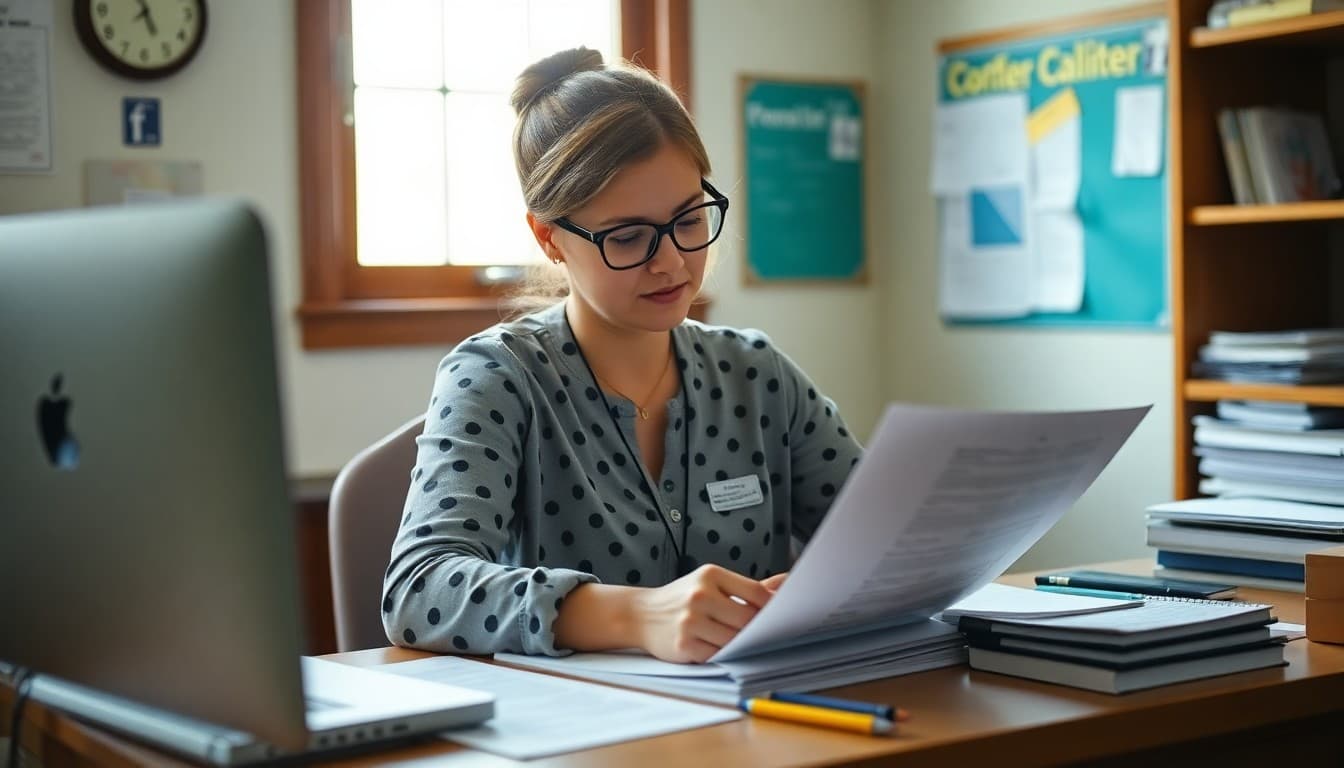 Indiana gifted program coordinator writing high-ability student newsletter at a school office desk