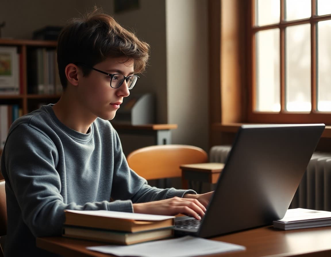 Advanced learner working on an independent research project with books and a laptop in winter light