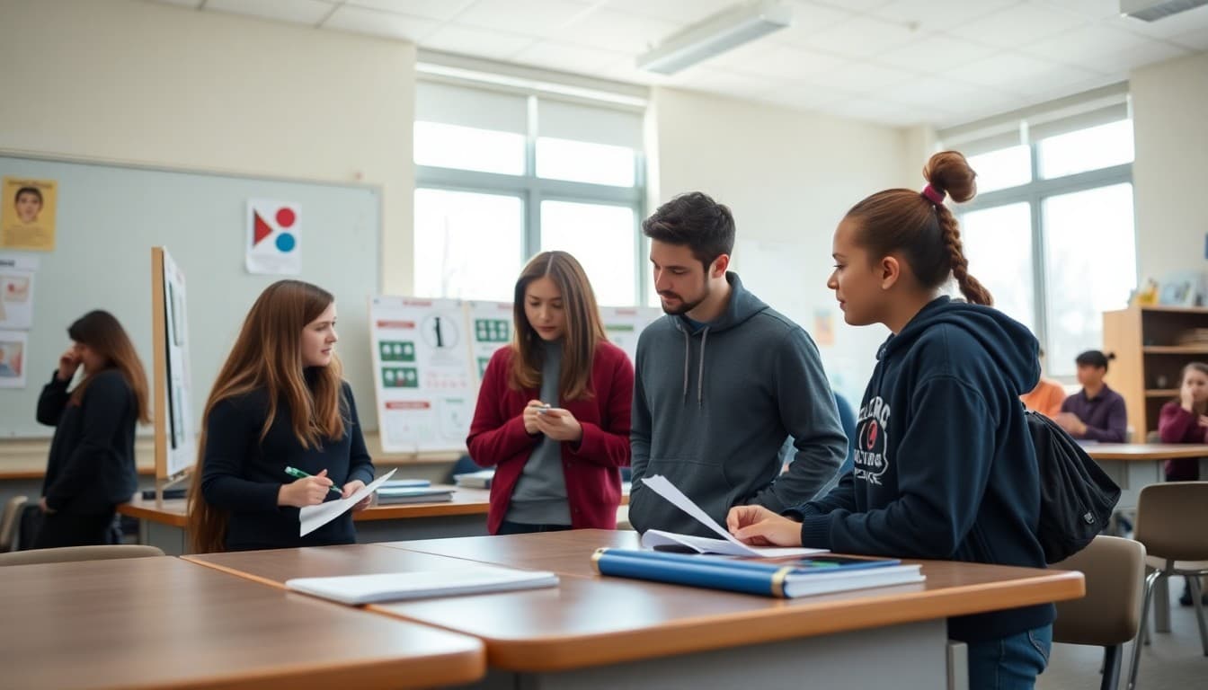 Gifted students and teacher reviewing second-semester project boards in a bright classroom in January
