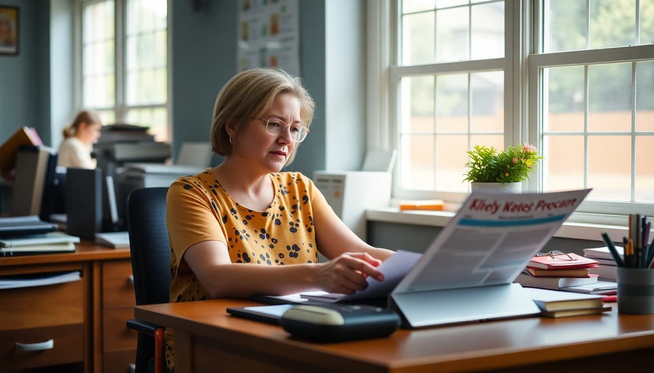 Gifted program coordinator at summer desk preparing July back-to-school preview newsletter