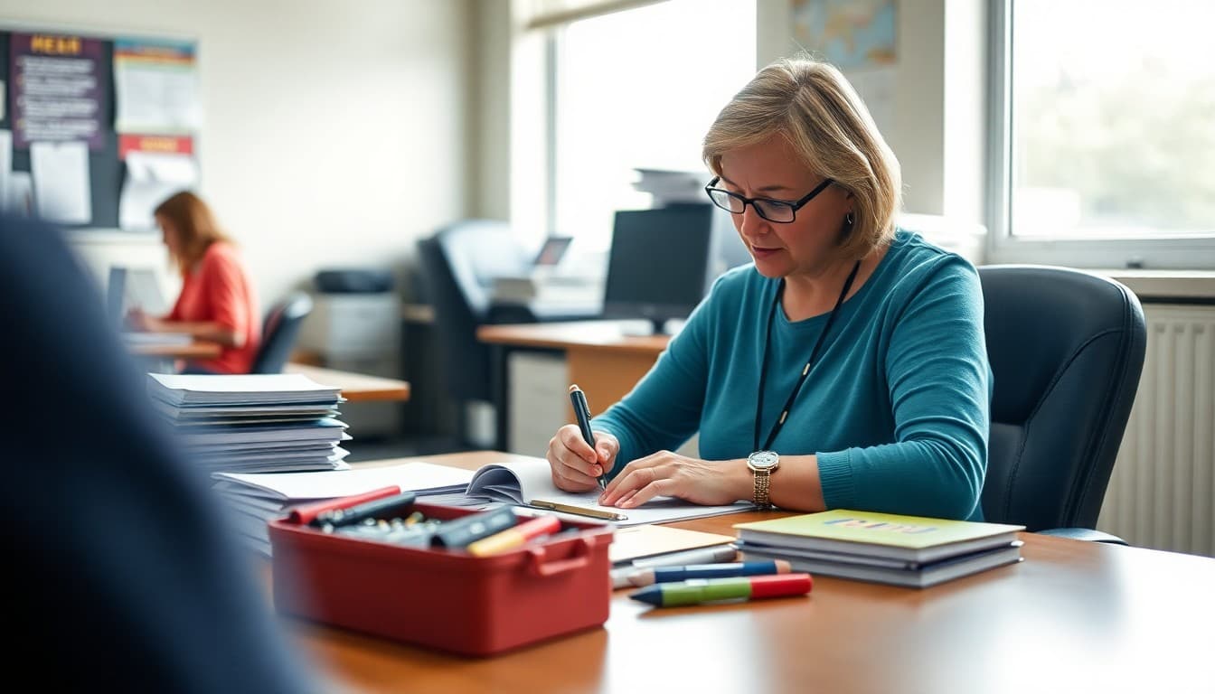 Gifted program coordinator writing final June newsletter at desk with end of year materials