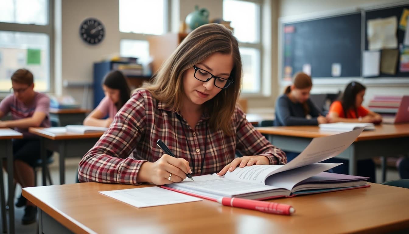 Kansas gifted program coordinator writing Individual Plan of Study newsletter at a school desk
