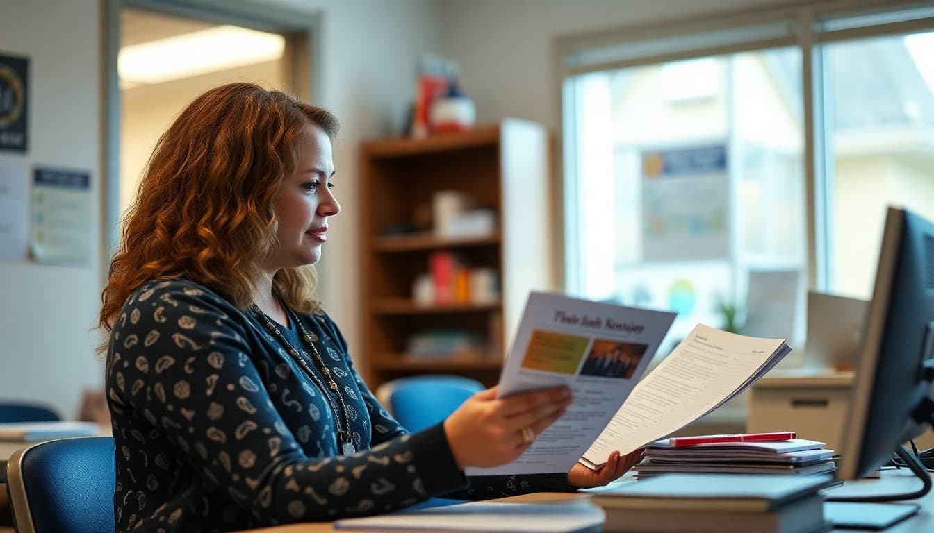 Louisiana gifted program coordinator preparing family newsletter at school office in fall