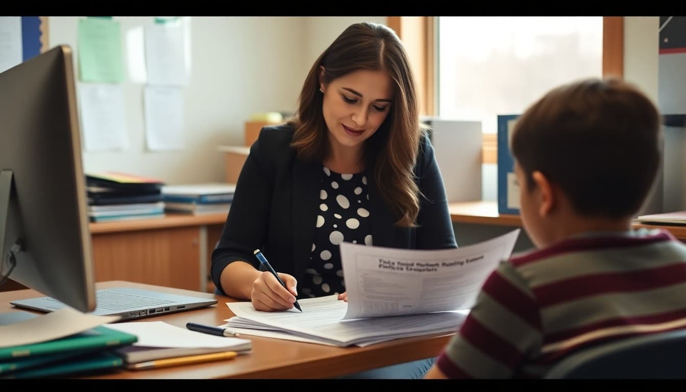 Massachusetts gifted program coordinator preparing family newsletter at a Boston-area school office