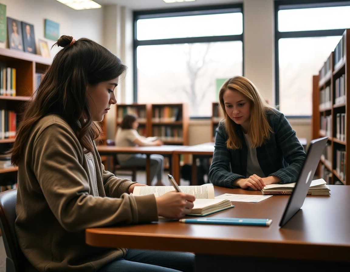 Advanced learner working on a spring research project with a teacher providing feedback in a school library