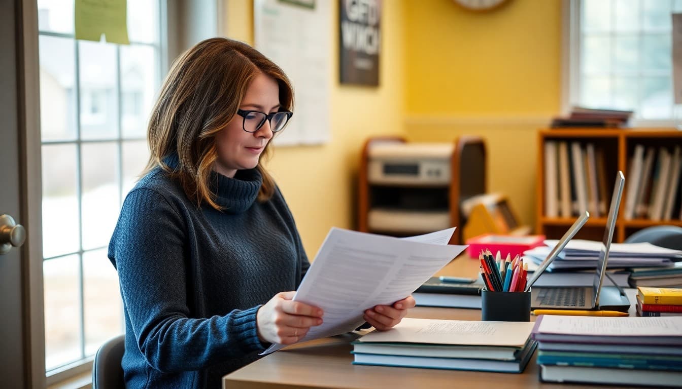 Maine gifted program coordinator writing family newsletter at a coastal school office in autumn