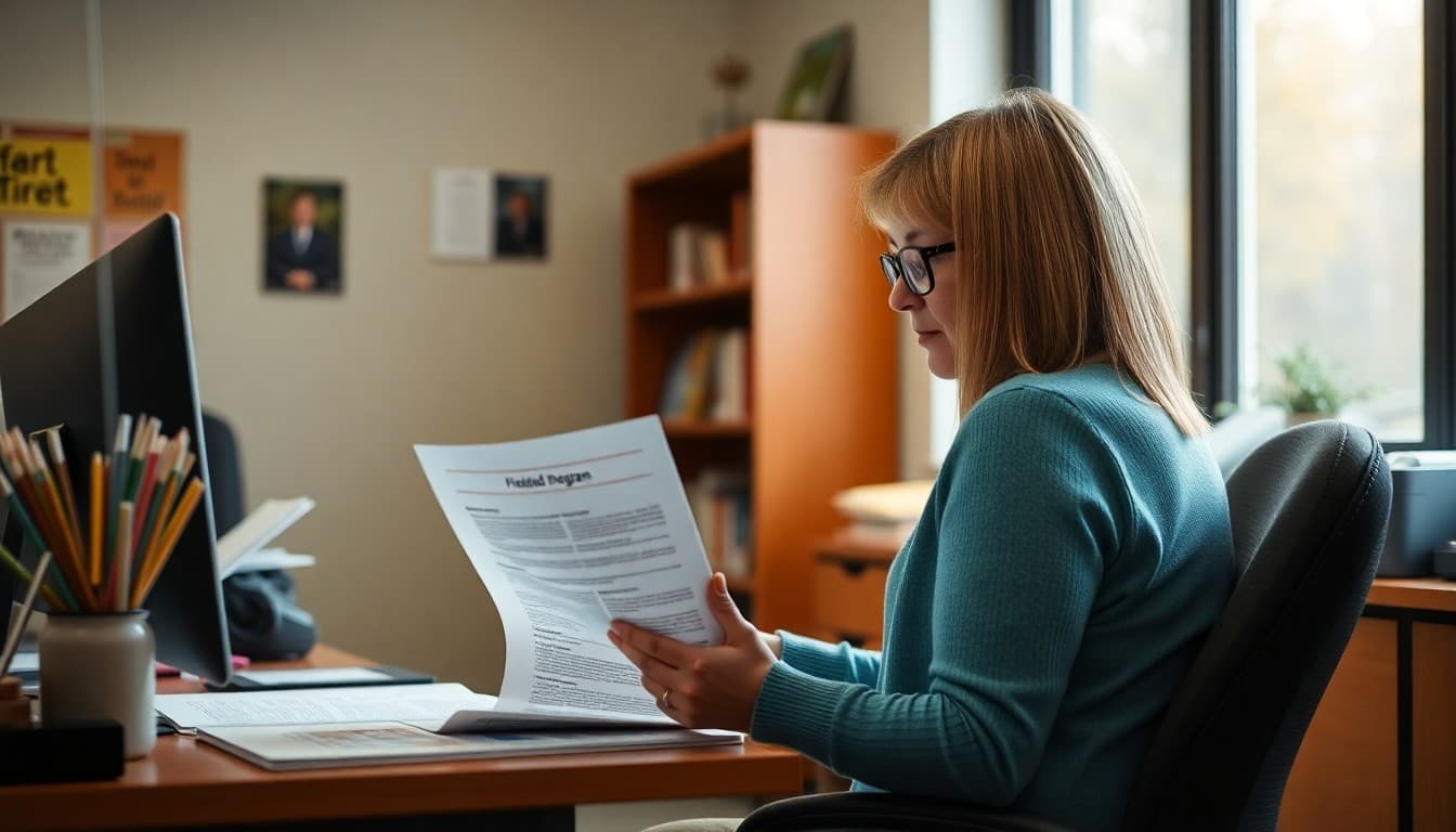 Missouri gifted program coordinator preparing family newsletter at a school office in fall