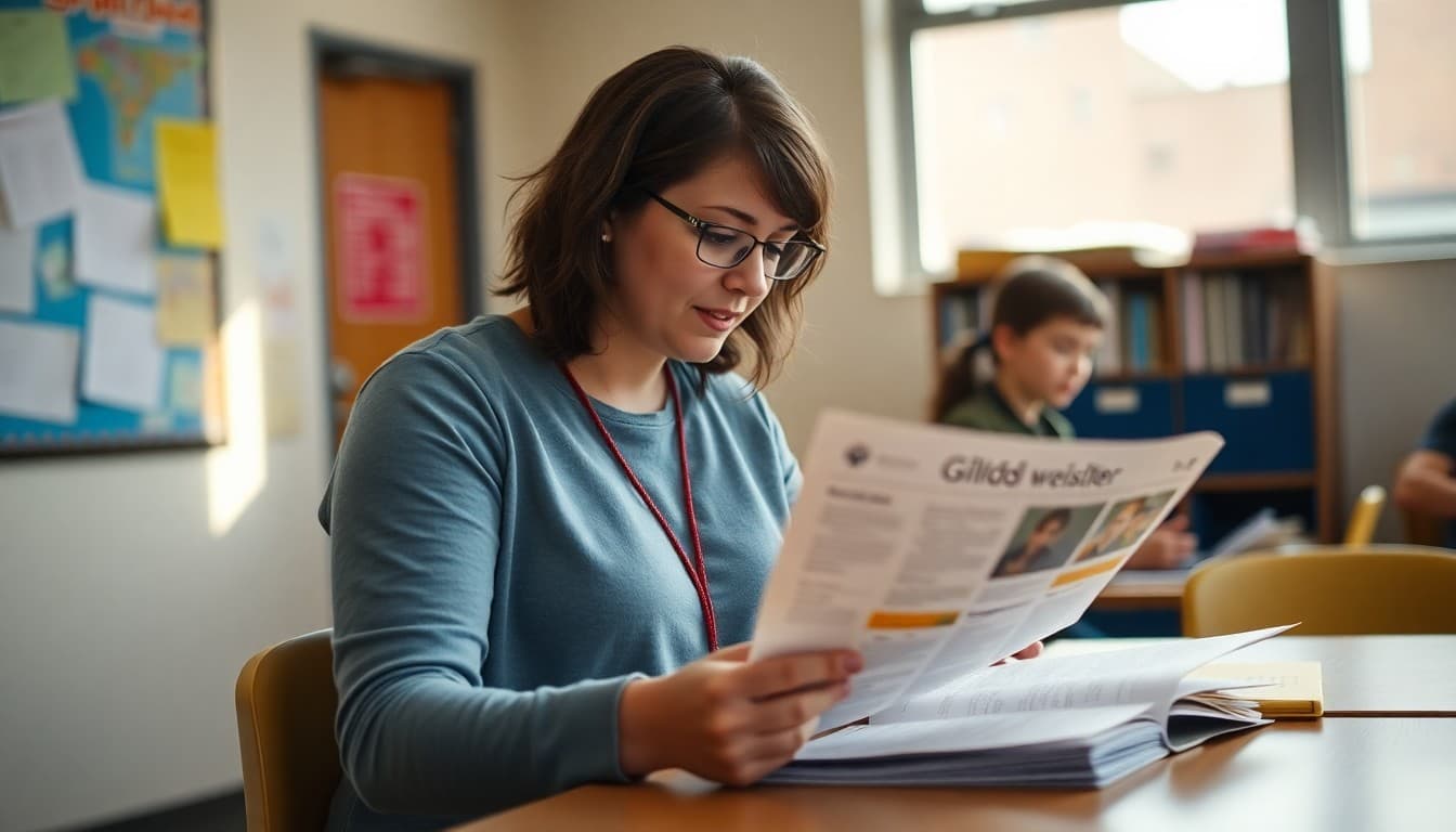 Montana gifted program coordinator preparing a newsletter at a school in Billings