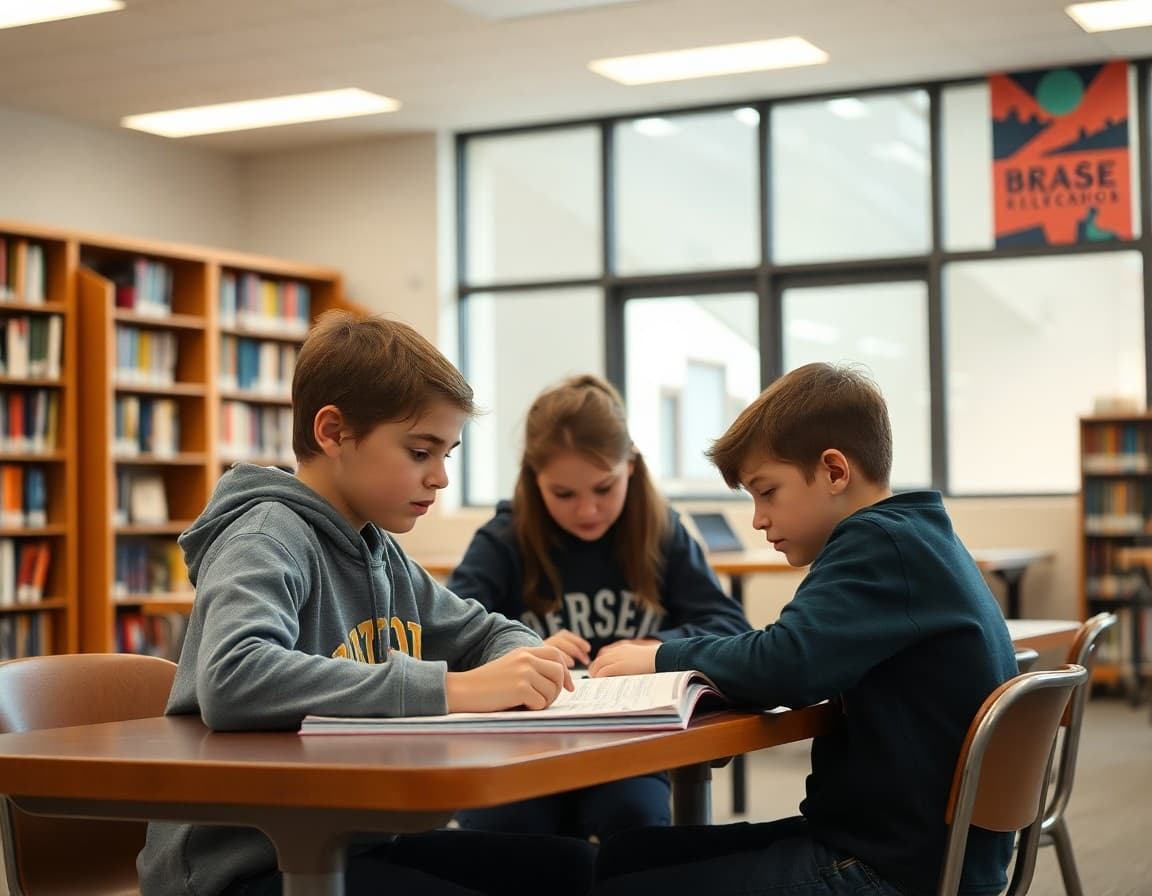 Nebraska gifted students working on an independent research project in a school library