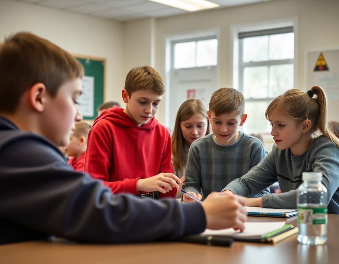 New Hampshire gifted students collaborating on a research project in a school classroom