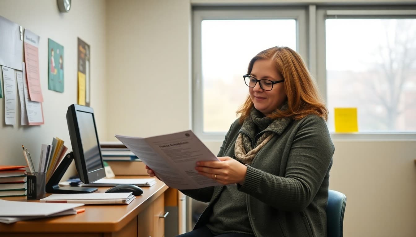 New Hampshire gifted program coordinator preparing family newsletter at a school office in fall