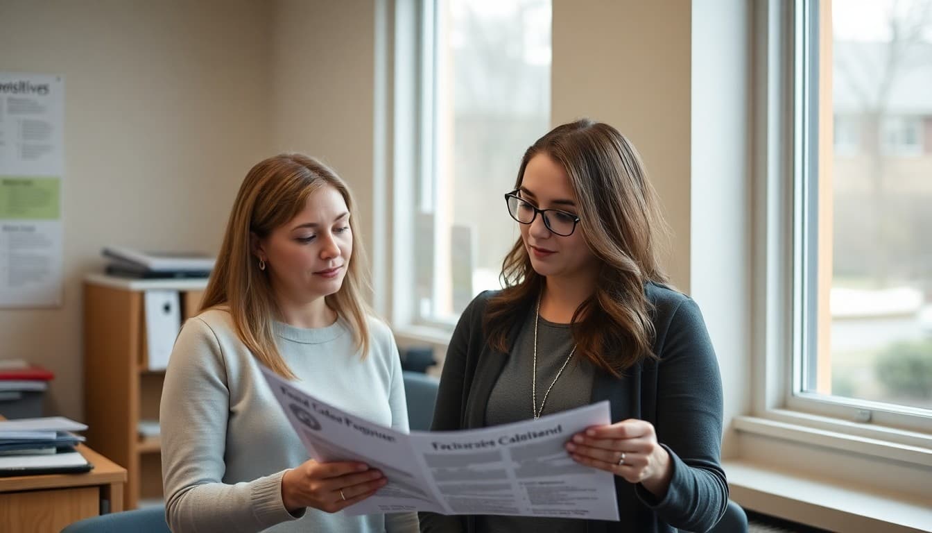New Jersey gifted program coordinator reviewing family newsletter at a suburban school office