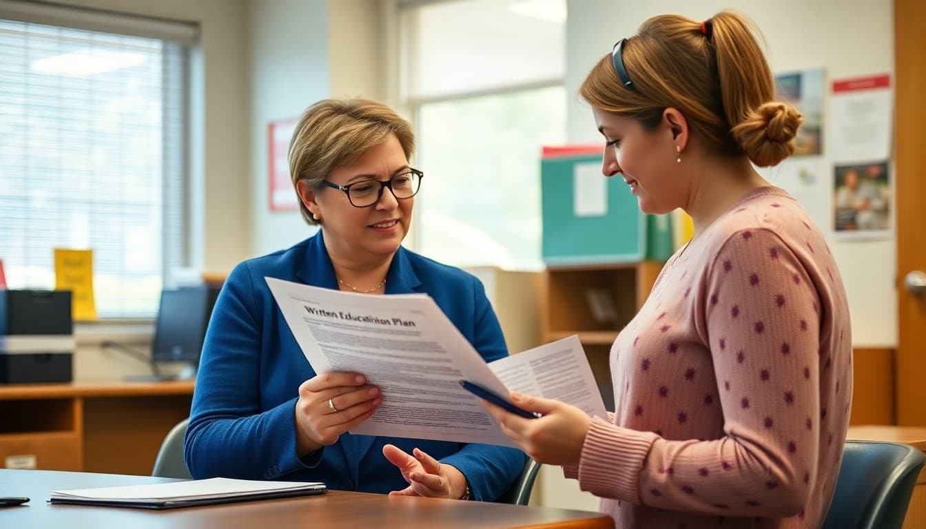 Ohio gifted program coordinator reviewing Written Education Plan newsletter at a school office