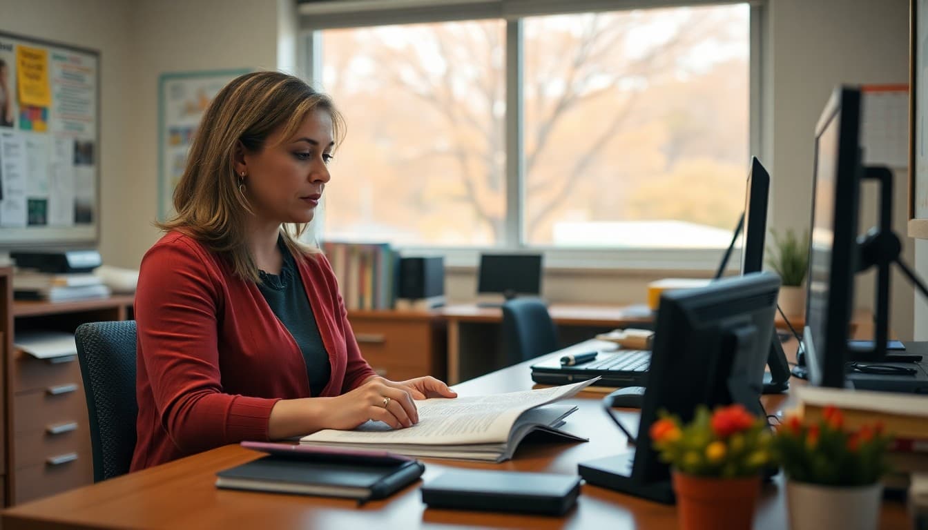 Oklahoma gifted program coordinator preparing family newsletter at a school office desk in fall