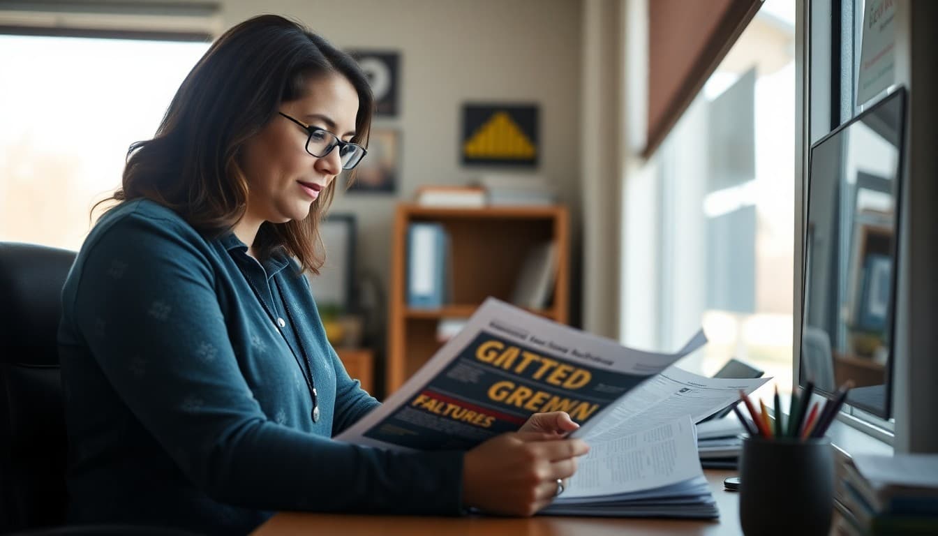 South Carolina gifted program coordinator preparing family newsletter at a school office in fall