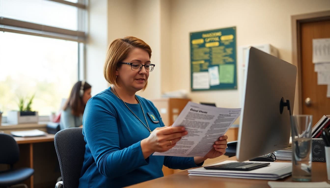 Tennessee gifted program coordinator preparing family newsletter at a school office in Nashville