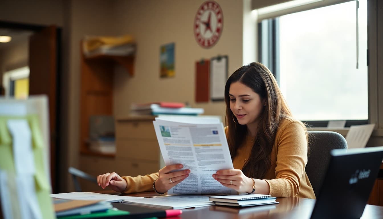 Texas GT program coordinator preparing family newsletter at a school office in the Dallas Fort Worth area