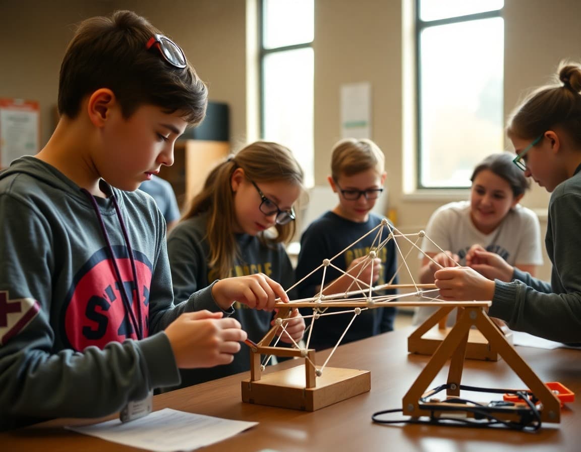 Washington State gifted students at a Science Olympiad invitational working on a bridge challenge