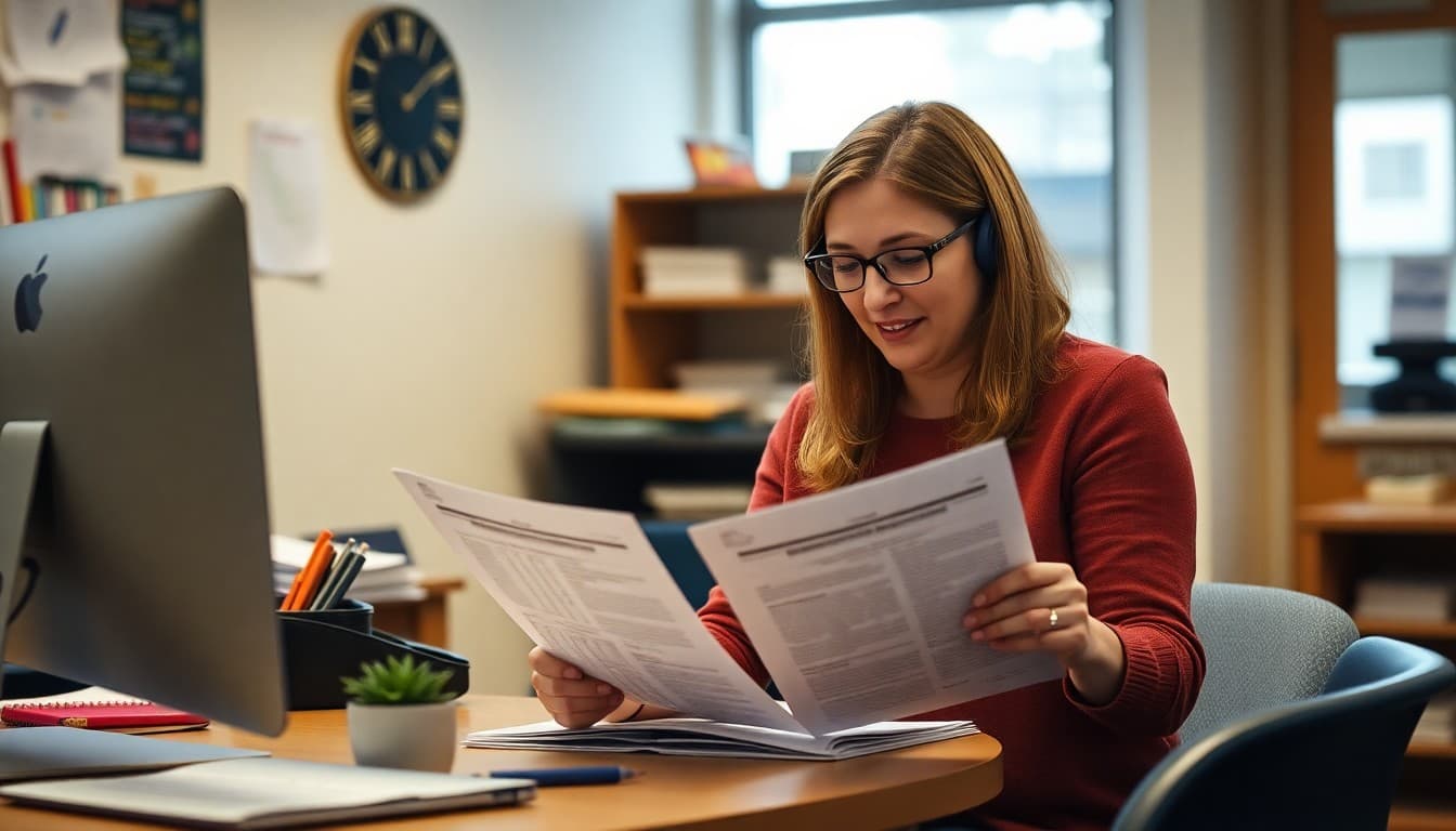 Washington State highly capable program coordinator preparing newsletter at a school office in Seattle