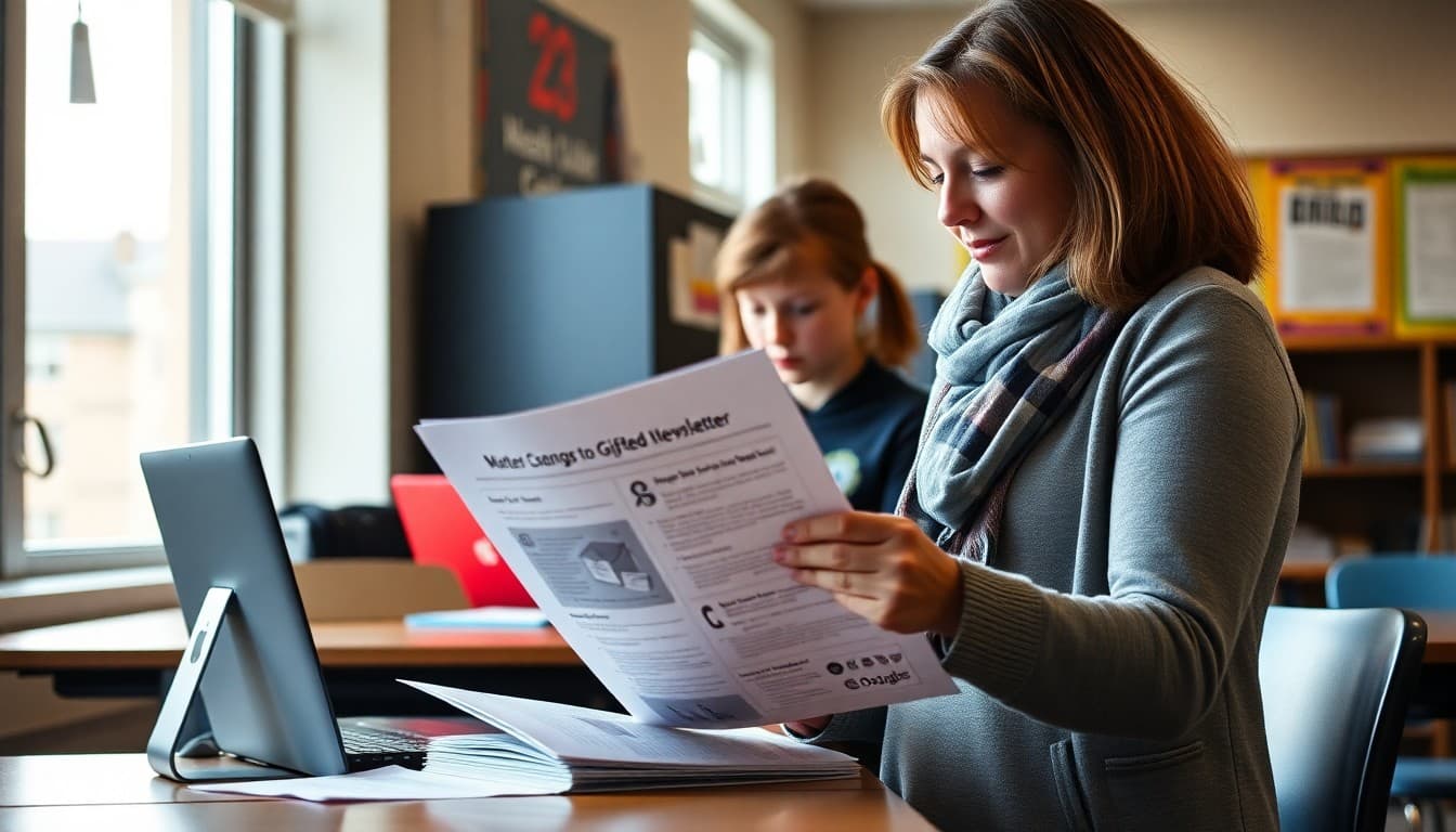 West Virginia gifted program coordinator preparing a newsletter at a school in Morgantown