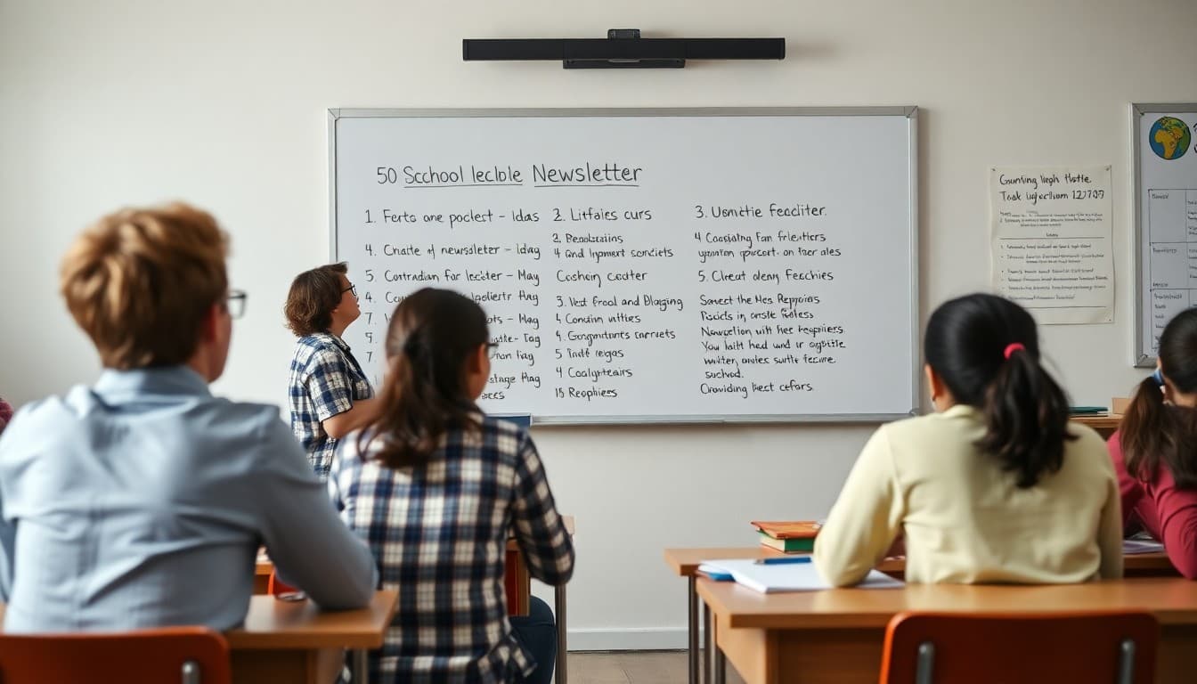 Teacher brainstorming list of 50 school newsletter content ideas on whiteboard in classroom