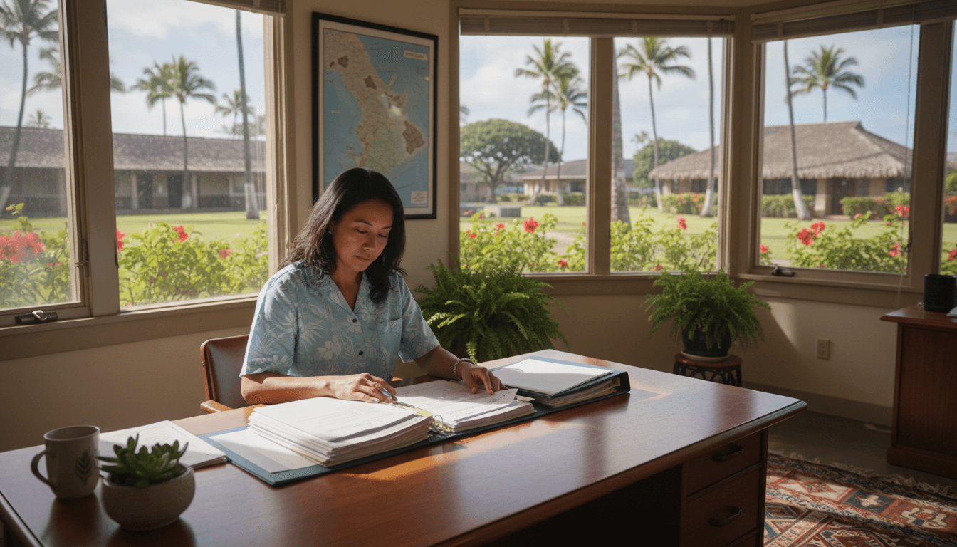 Hawaii school principal reviewing parent communication requirements in a Honolulu school office with tropical light