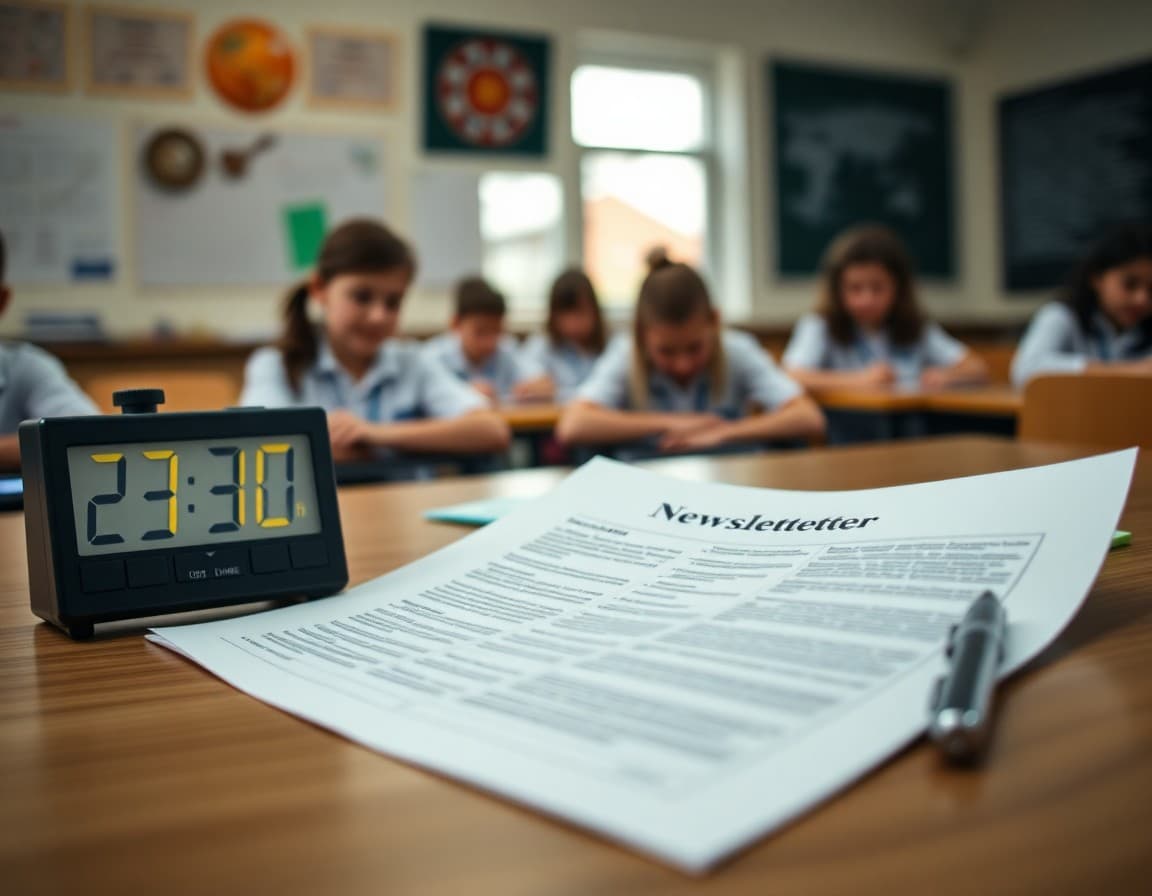 Newsletter outline on paper next to a timer showing 30 minutes