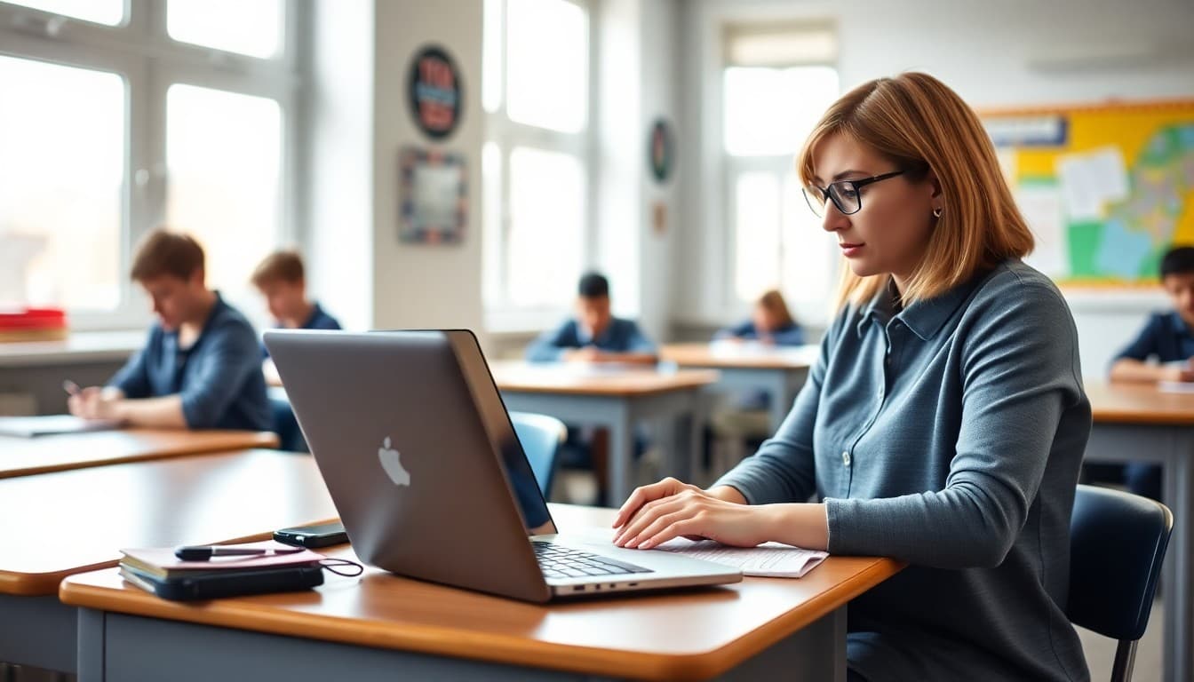 Teacher writing a school newsletter on a laptop at a classroom desk