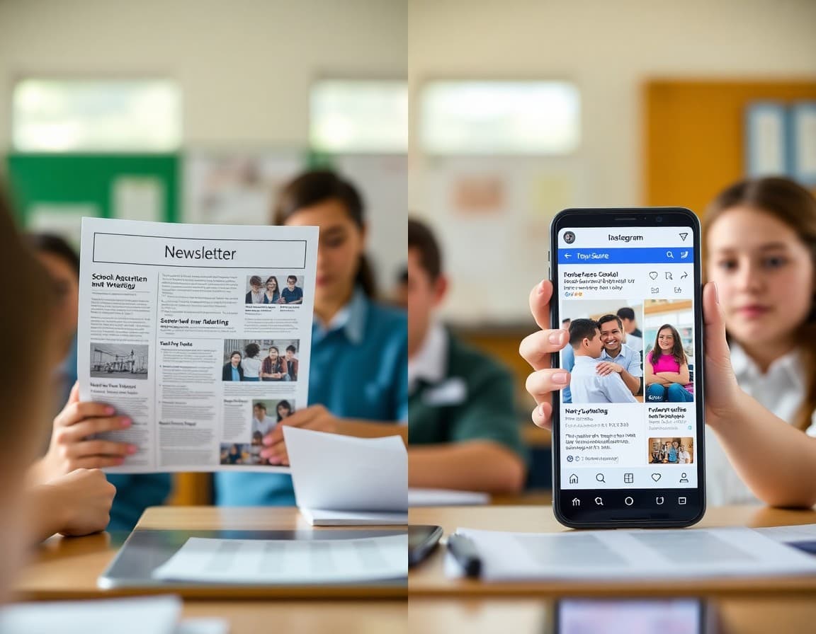 School newsletter content shown on the left transforming into Facebook and Instagram posts on the right