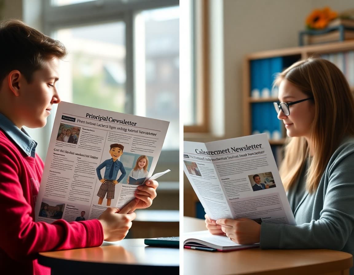 Side-by-side comparison of a principal school newsletter and classroom teacher newsletter