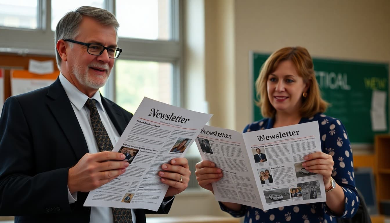 Principal and teacher each holding their own distinct newsletter editions side by side