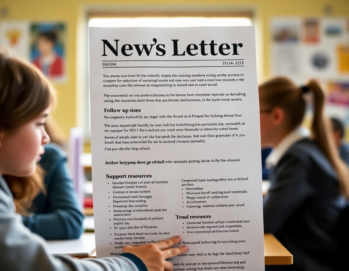 School newsletter showing a calm follow-up section after a difficult school event with support resources listed