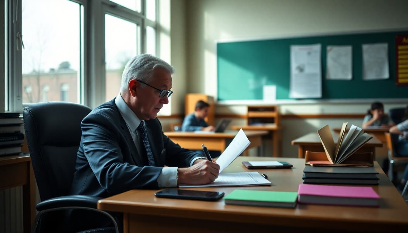Principal at a desk writing a follow-up newsletter to families after a school incident