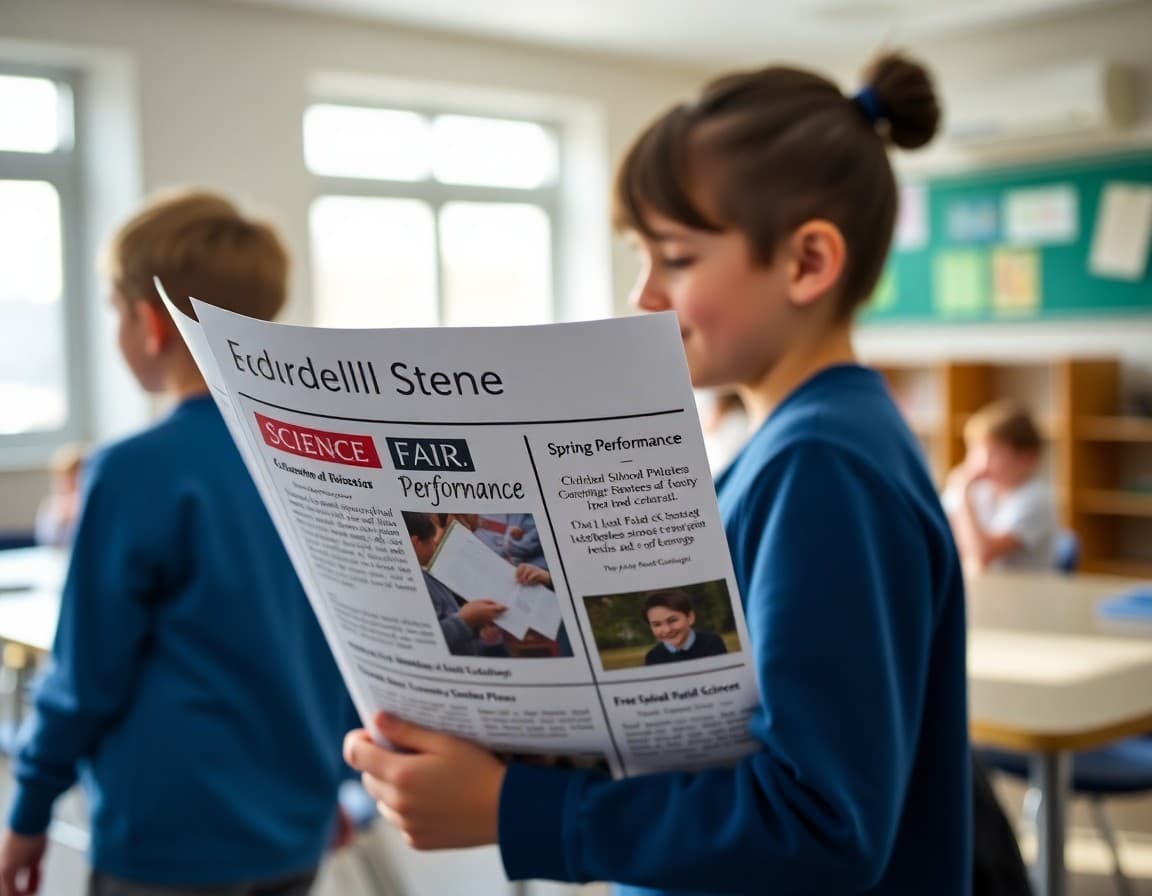 School newsletter April edition showing science fair and spring performance announcements